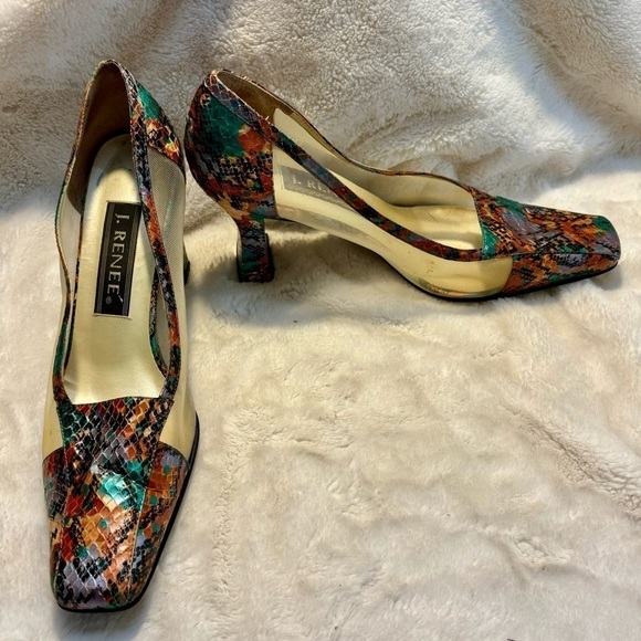 Vintage Heels J. Renee Size 9 Multicolored Snakeskin Metallic Orange Teal - Picture 8 of 16